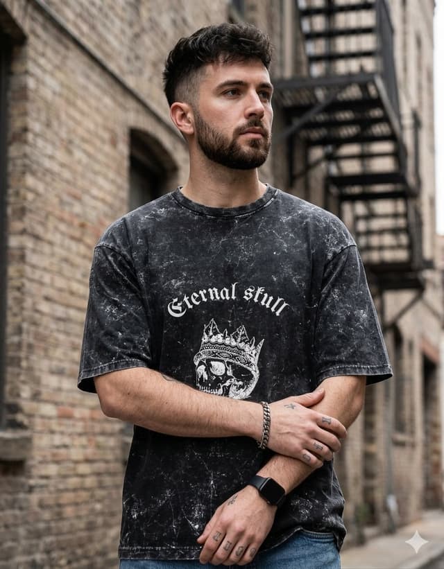 Acid Washed Oversized Lightning T-Shirt (Eternal Skull)