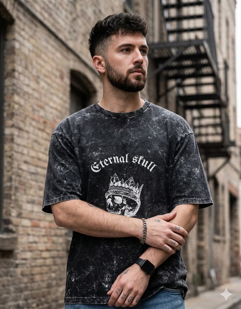 Acid Washed Oversized Lightning T-Shirt (Eternal Skull) - Image 1